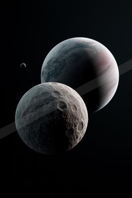 A black-and-white moody sky scene of planet, moon.
