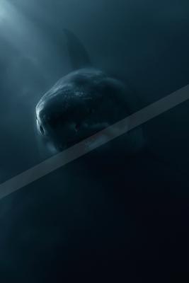 A large great white shark swims directly toward the viewer through dark, murky water with light rays filtering from above.