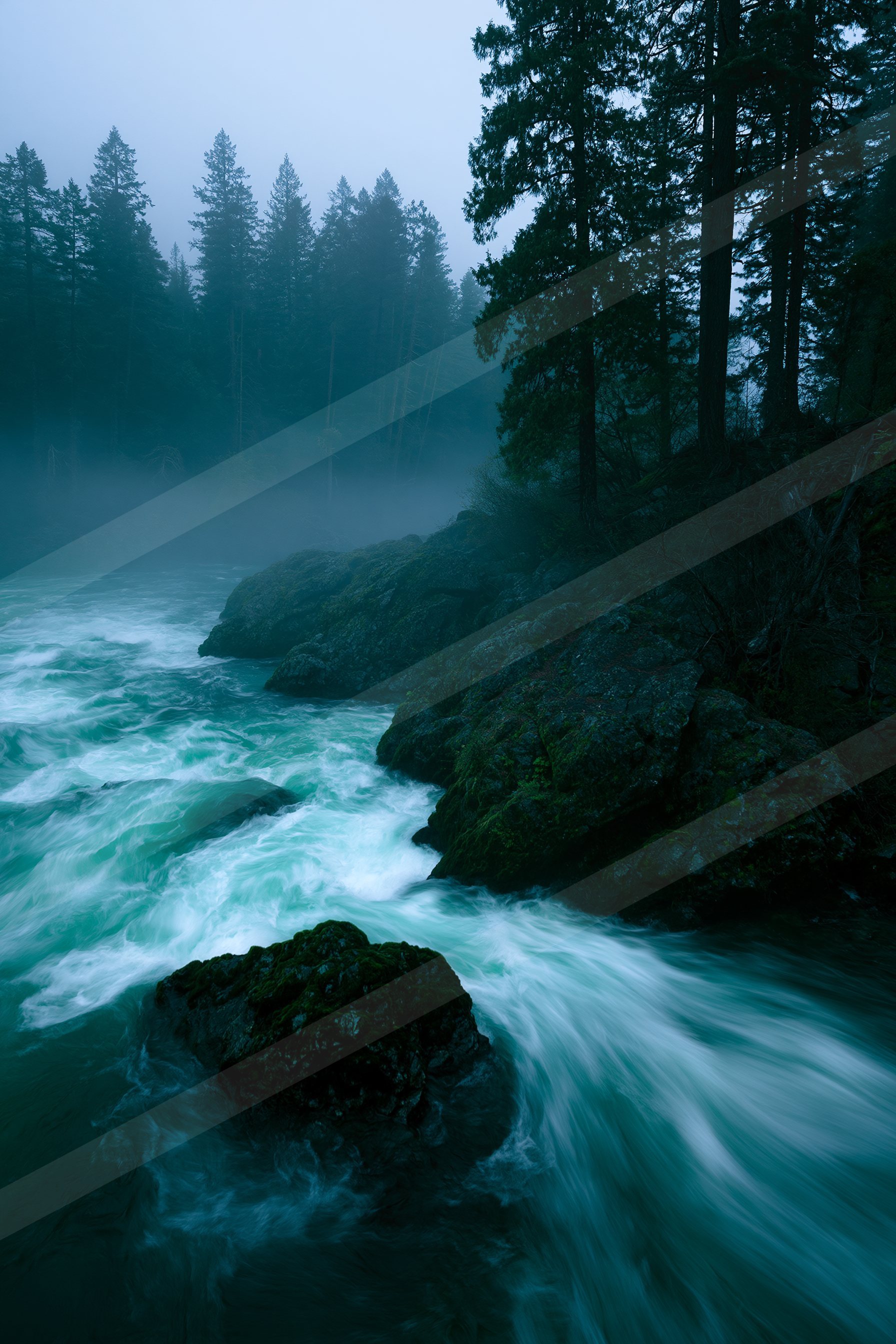 A mysterious motion blur water scene of a river, fog.