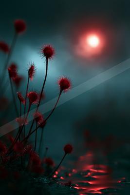 A night minimalist nature scene of flowers, fog.