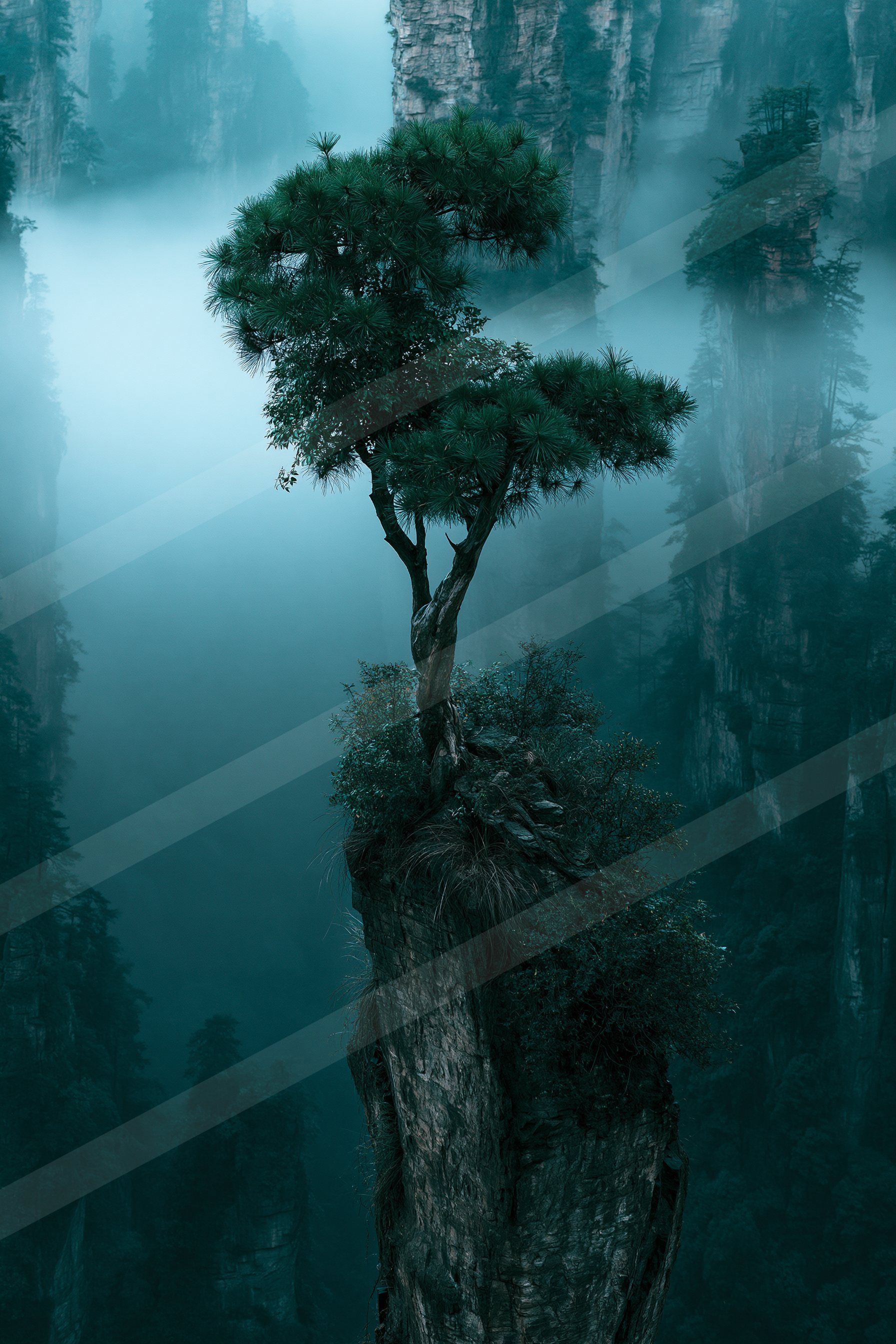 An ethereal double exposure nature scene of a pine tree, fog.