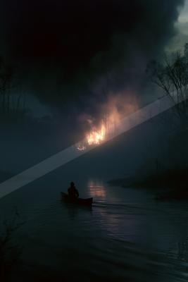 A silhouetted person rows a small boat across a misty lake at night, heading toward a raging forest fire that illuminates the smoky sky and bare trees.
