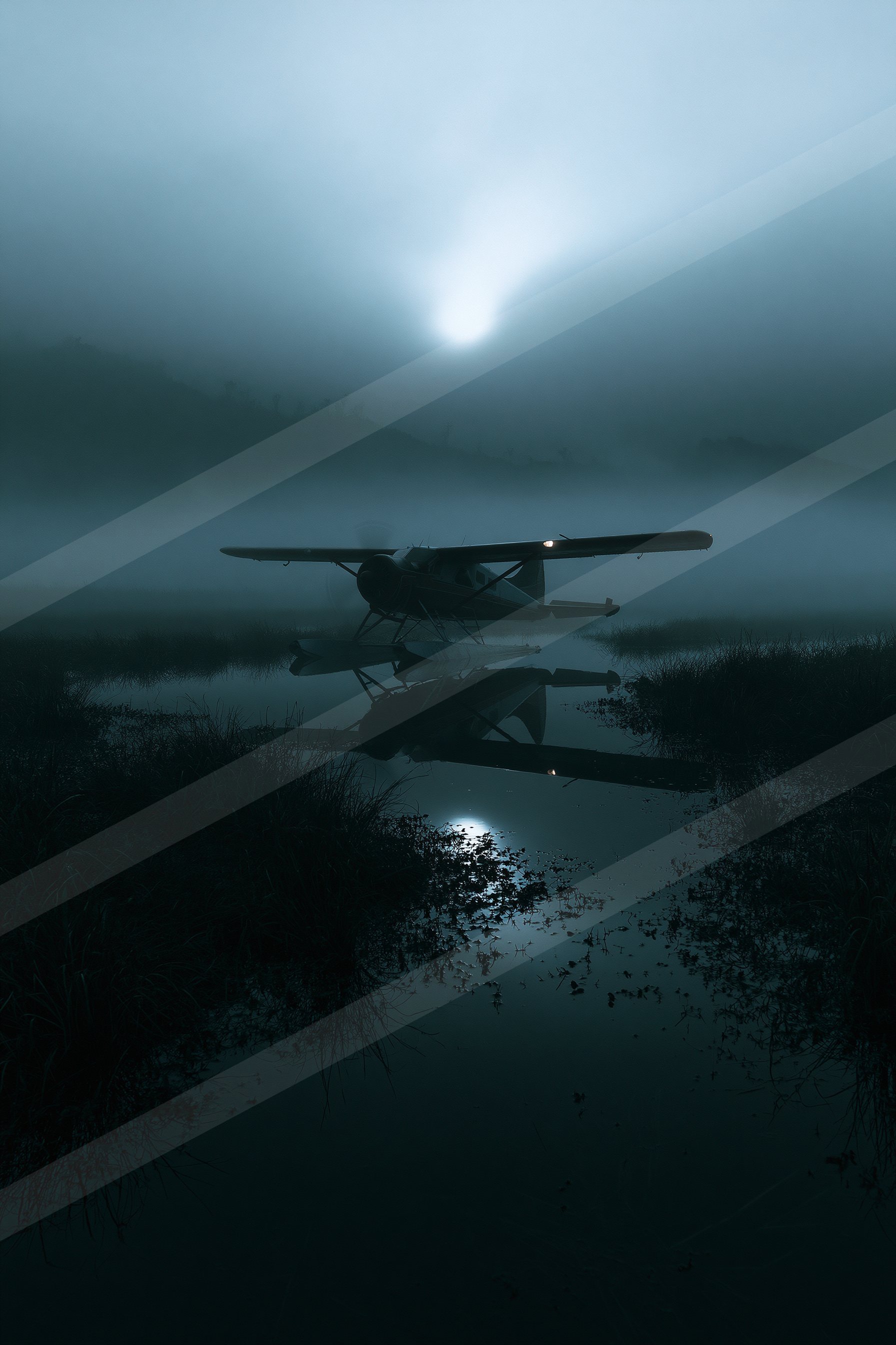 A night still life of a helicopter, reflection.