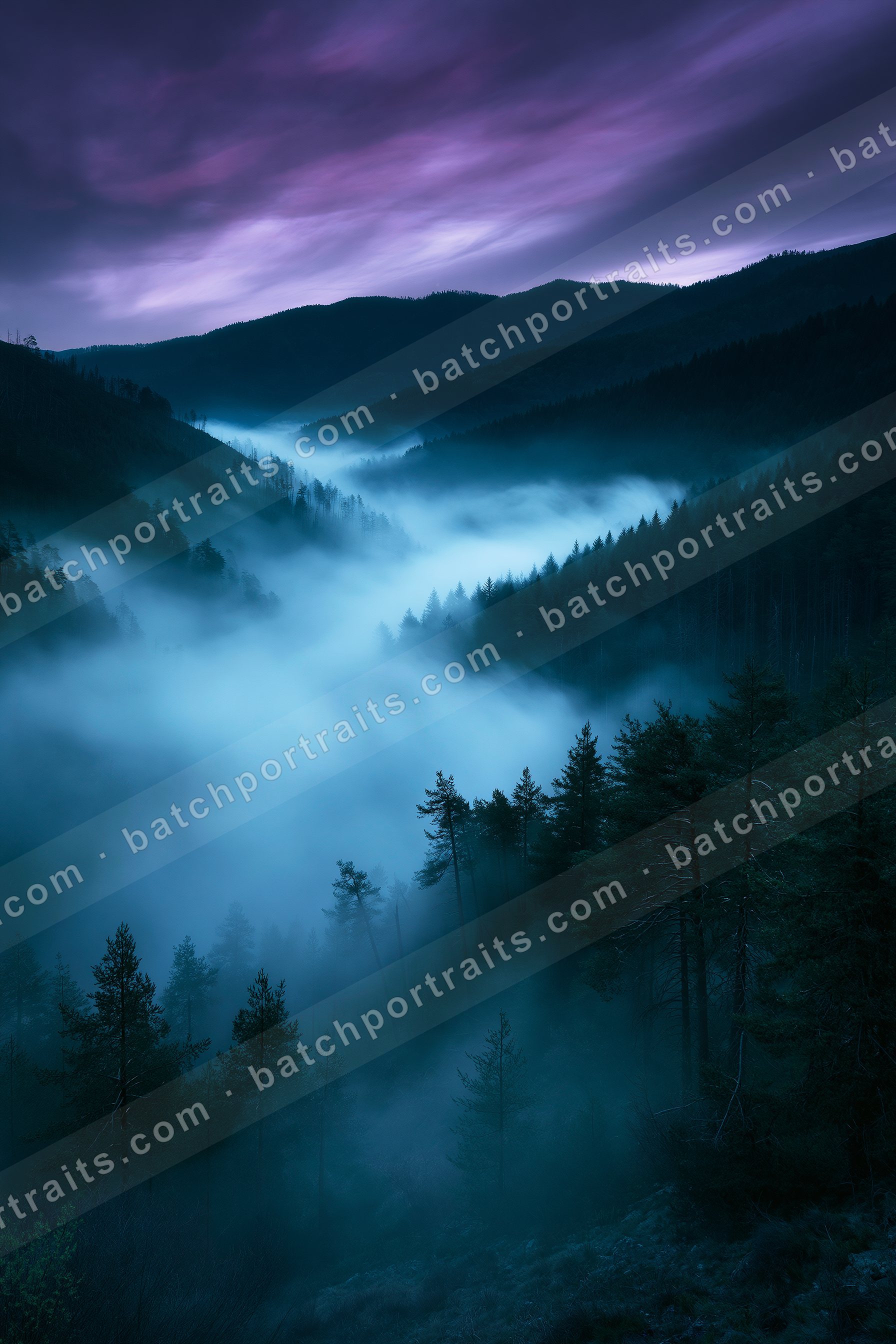 A blue hour panorama landscape of a valley, fog.