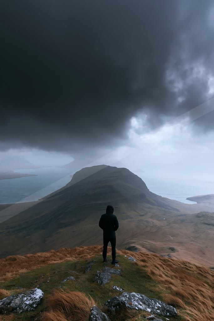 A dramatic sky scene of storm, mountains, clouds.