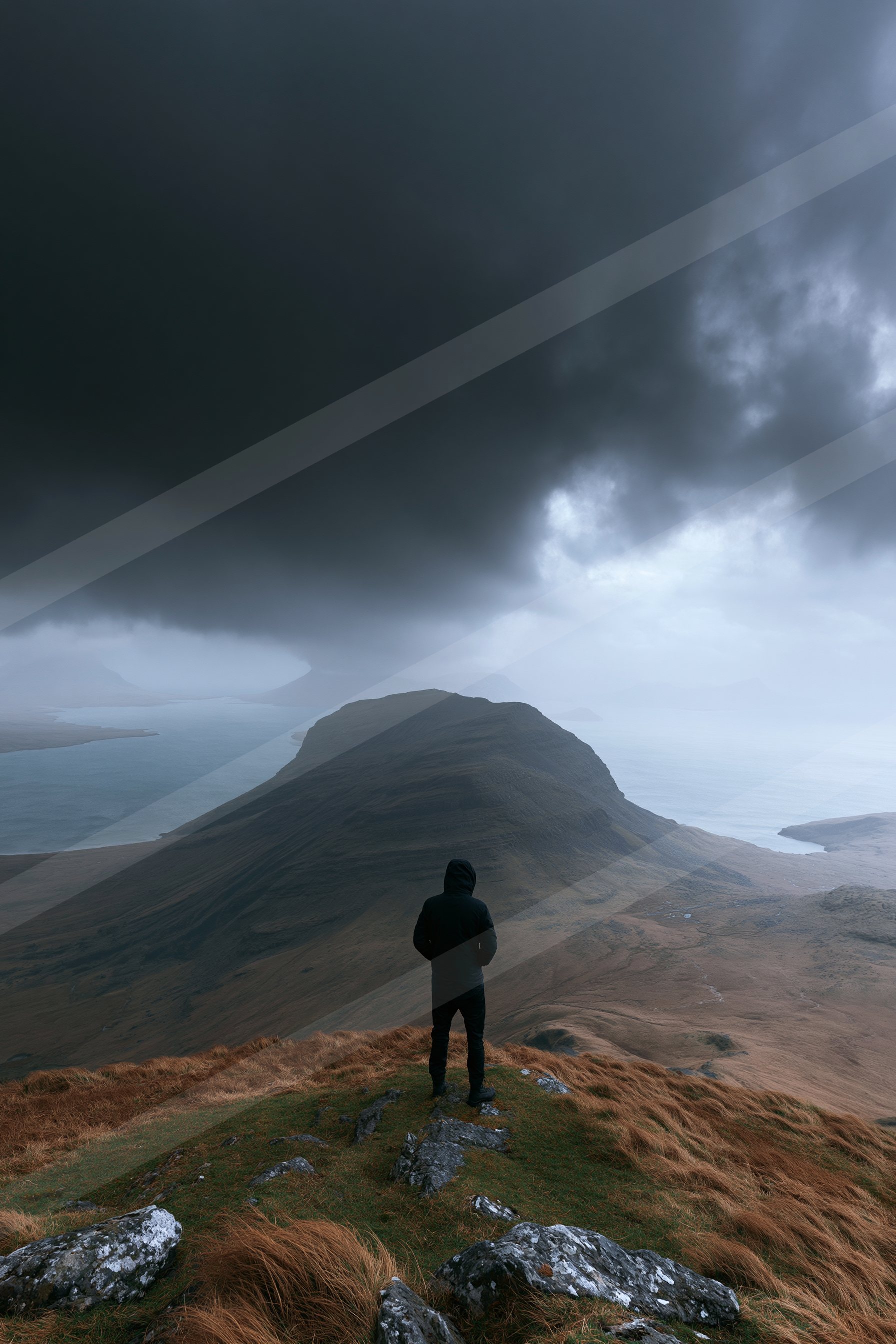 A lone figure stands on a grassy hilltop under ominous dark clouds, overlooking a vast landscape.