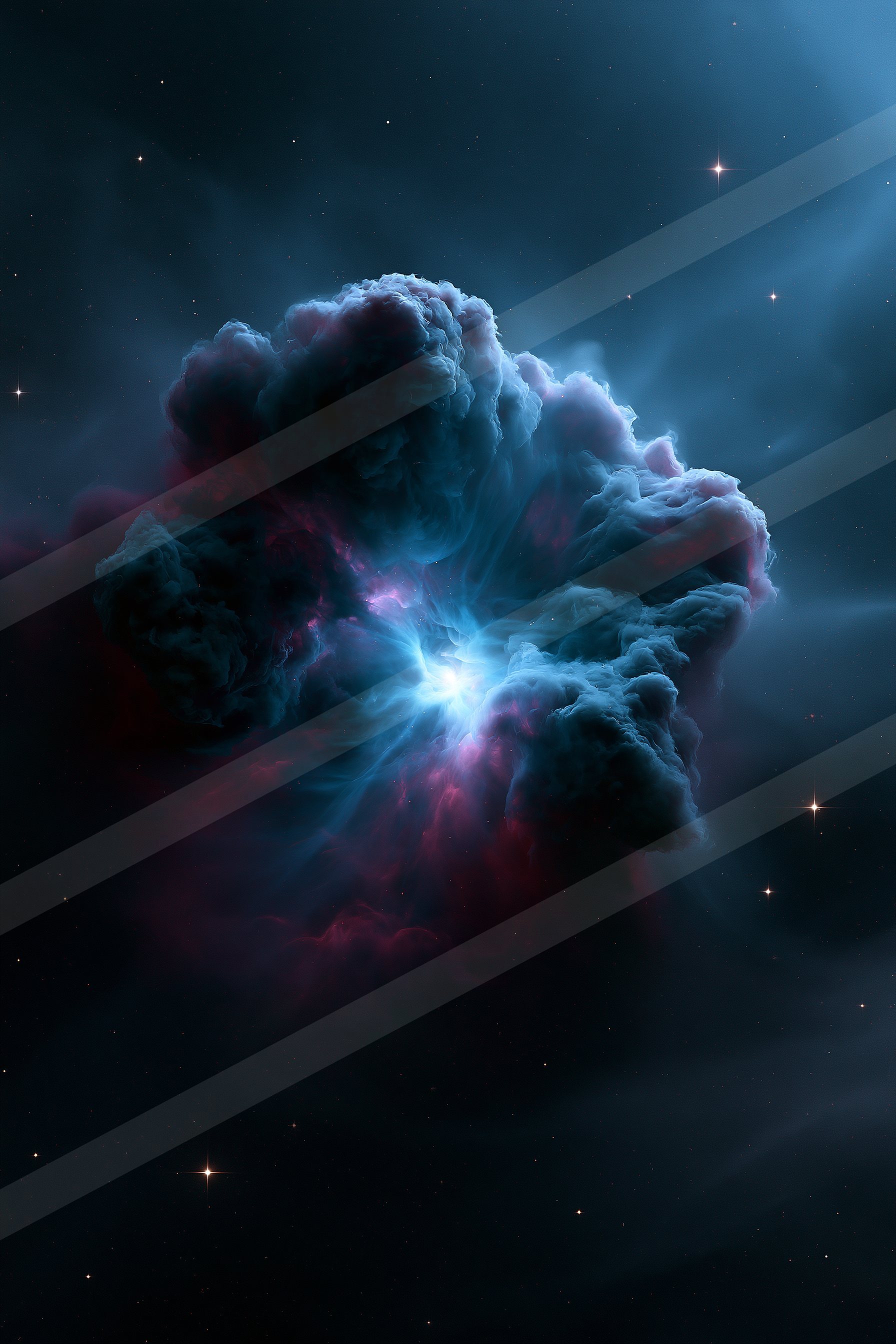 A vibrant nebula glowing with blue and red hues, illuminated by a bright central star, set against the dark expanse of space.