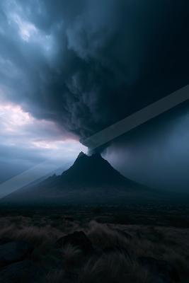 A moody sky scene of storm, clouds, mountains.