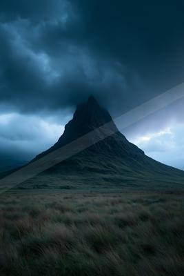 A moody landscape of mountains.