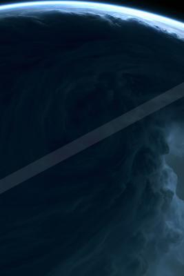 View of a massive swirling hurricane from space, showing dark blue cloud patterns against the curvature of Earth.