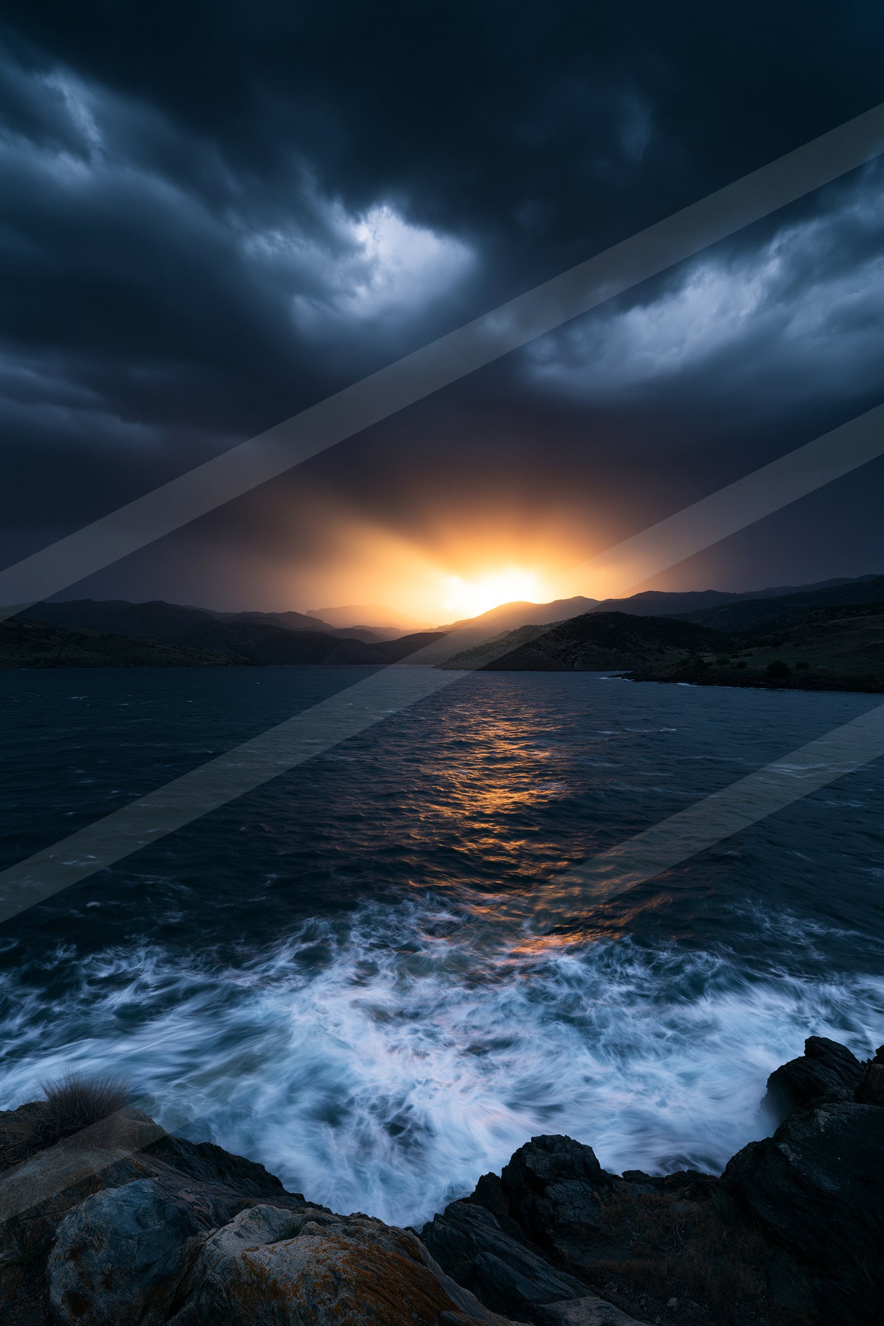 A dramatic long exposure sky scene of a storm, ripples.