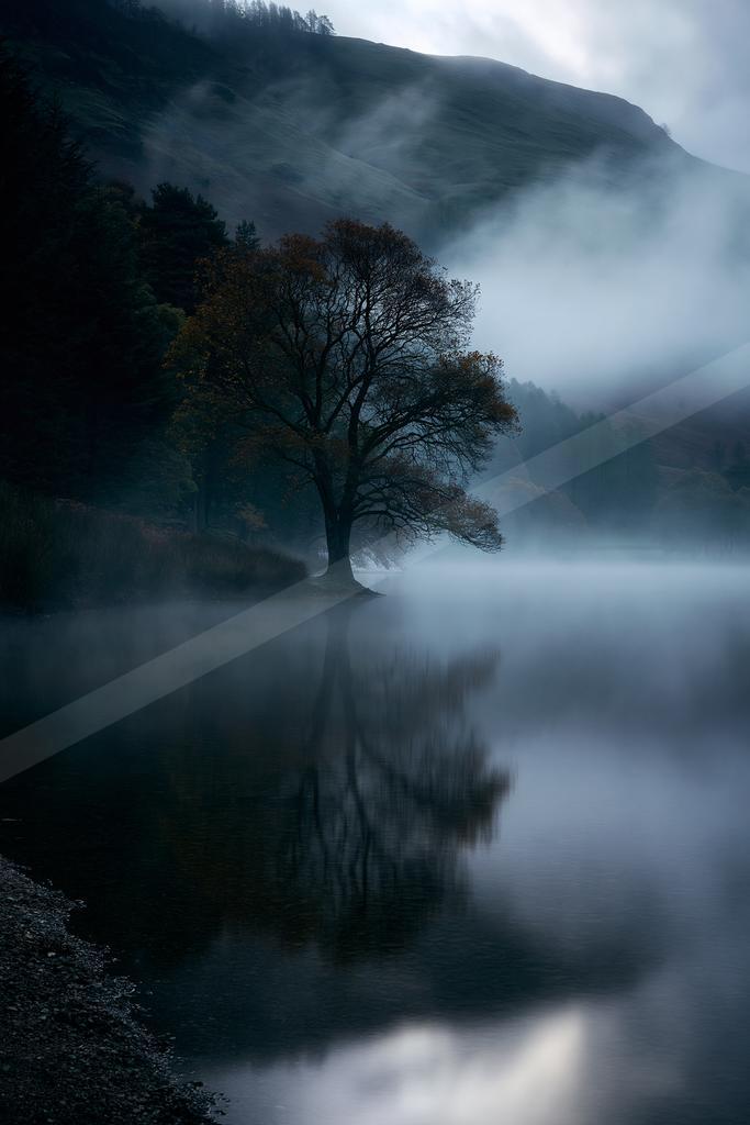 A serene water scene of lake, river, trees.