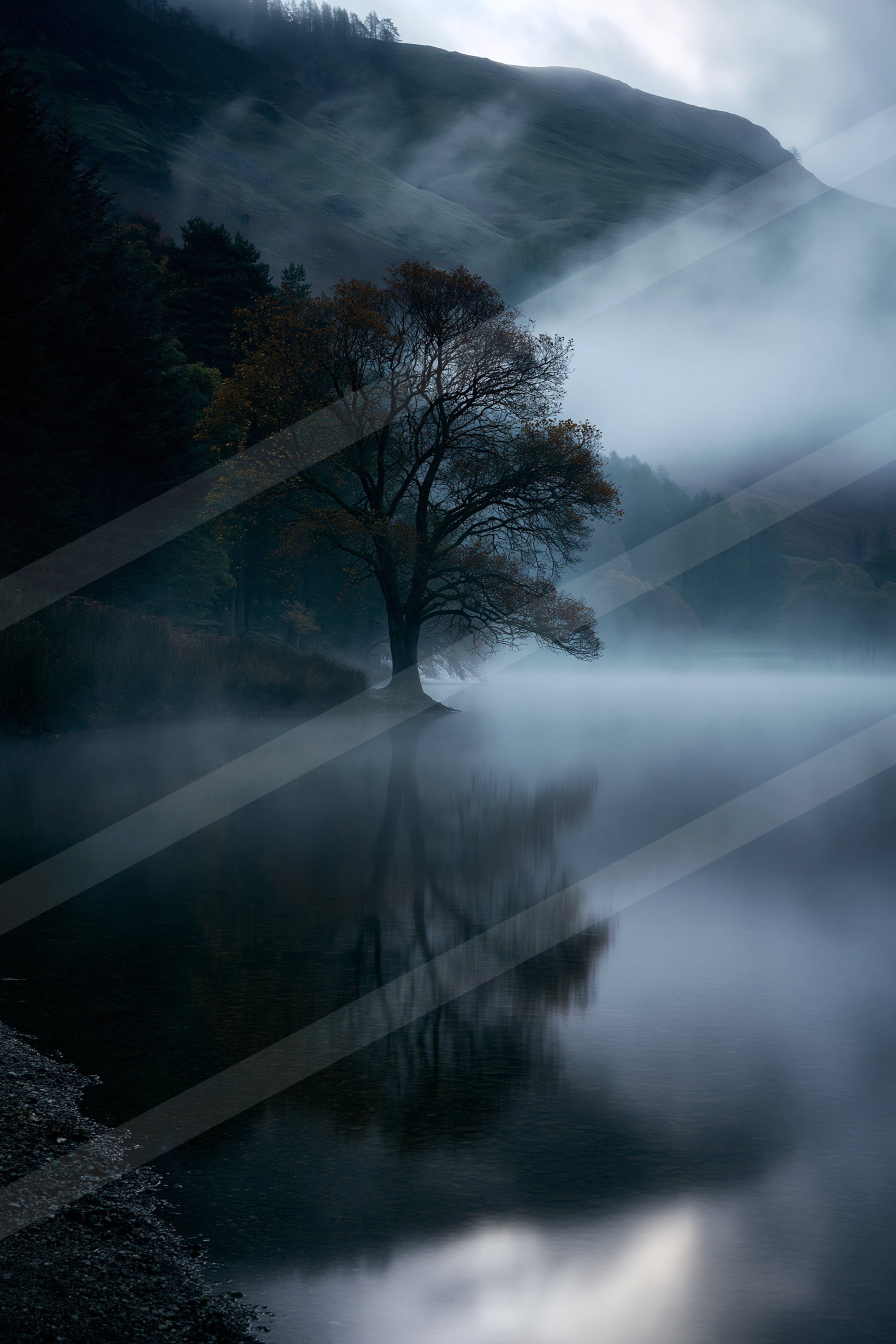 A mysterious high contrast water scene of a lake, reflection.
