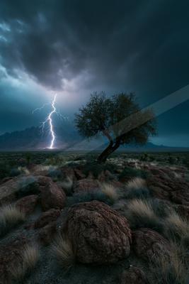 A dramatic lightning bolt strikes the ground near a solitary tree in a rocky desert landscape under a dark, stormy sky.