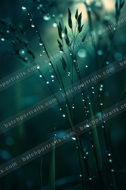 An ethereal macro nature scene of a plants, water drops.