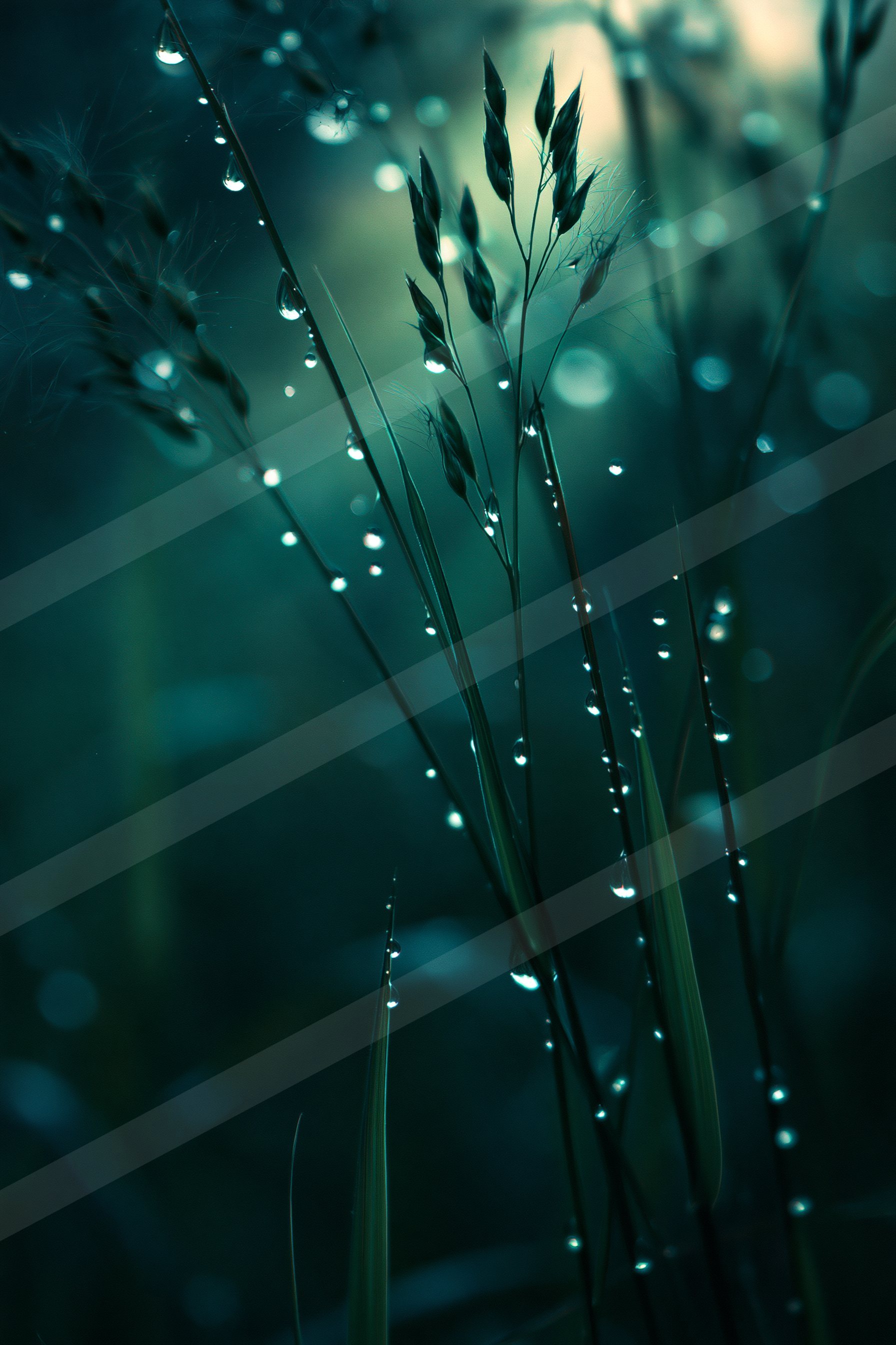 An ethereal macro nature scene of a plants, water drops.