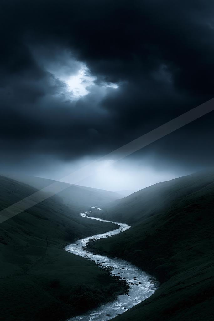 A winding river flows through a dramatic valley of dark green hills beneath a brooding, stormy sky with dramatic light breaking through heavy clouds.