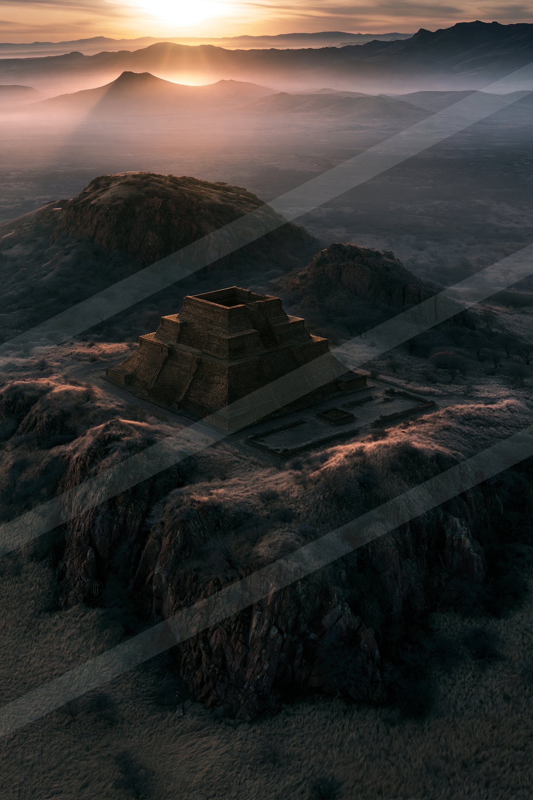 A black-and-white mysterious panorama landscape of a plateau, dust.