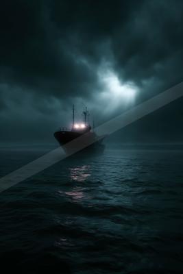 A dark ship with bright lights sails through choppy waters under a stormy, dramatic sky with light breaking through the clouds.