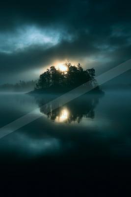 A night sky scene of sunrise, lake, sunset.