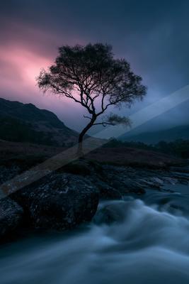 A black-toned moody photograph of valley, lakeside, seashore.