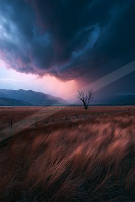 A black-toned moody photograph of barn, worm fence, volcano.