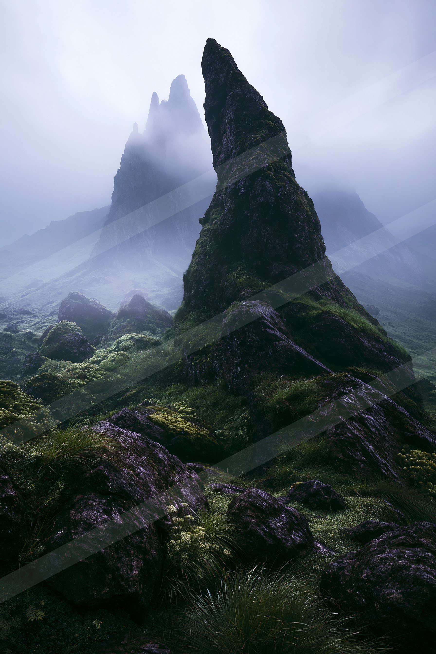 An ethereal landscape of a sand dune, fog.