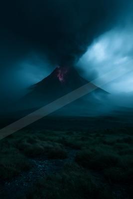 A powerful volcanic eruption at night, with bright red lava visible in the crater and dark ash plume rising into a stormy sky, set against a dark foreground of 