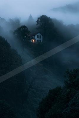A night landscape of mountains, valley, forest.