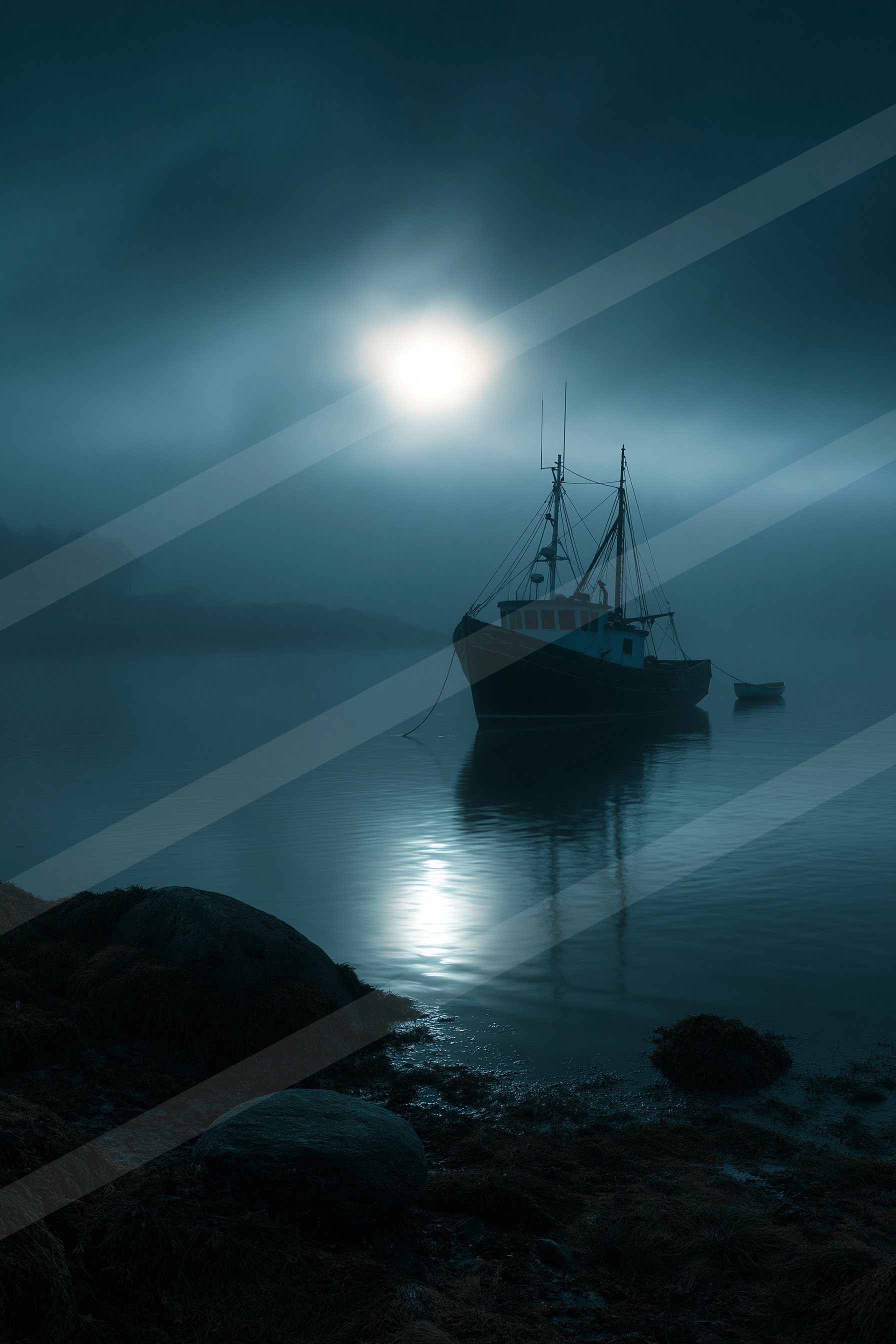 A mysterious still life of a sailboat, fog.